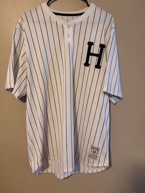HUF White Pinstripe Baseball Jersey with Black H Patch
